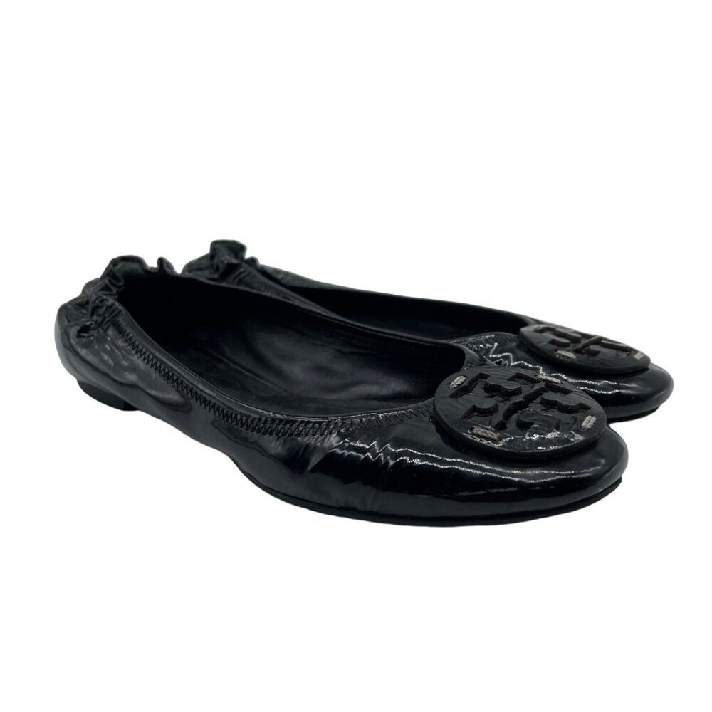 Tory Burch Black Patent Leather Reva Scrunch Ballet Flats Size 7.5